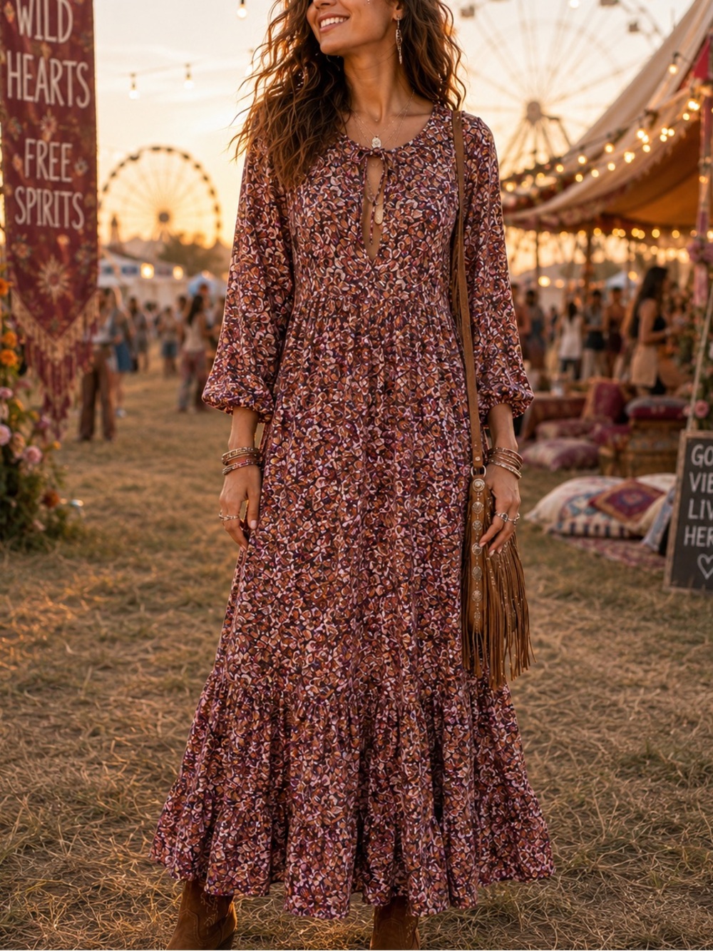 Natural Life Sz XS/S Brown Floral Tie V Neck Boho Cottagecore Peasant Maxi Dress